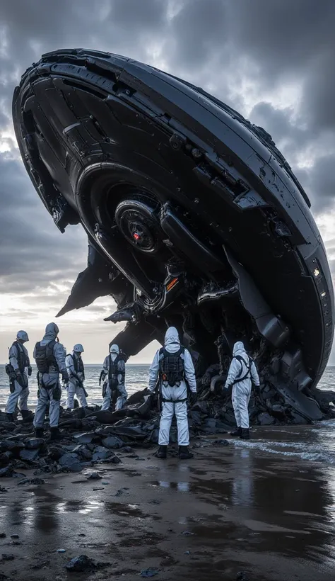 Ultra-realistic cinematic scene of a crashed black UFO with a smooth, shiny and reflective surface, partially buried on a deserted beach. The UFO has a huge, jagged crack in its hull, with debris scattered around it. A group of scientists and government ag...