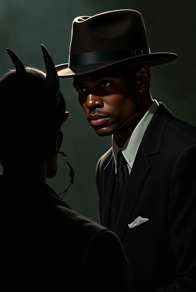 20-year-old African American musician with a hat in the 30s signs impact with the devil sitting at night