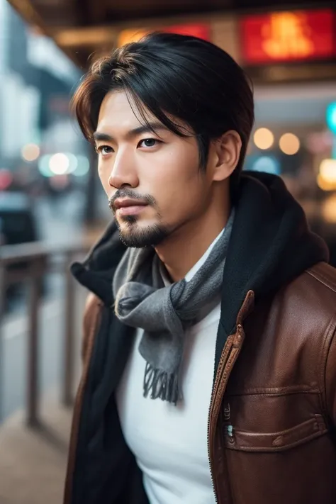 Asian male tough, handsome, mature eyes, desire, beard, travel background