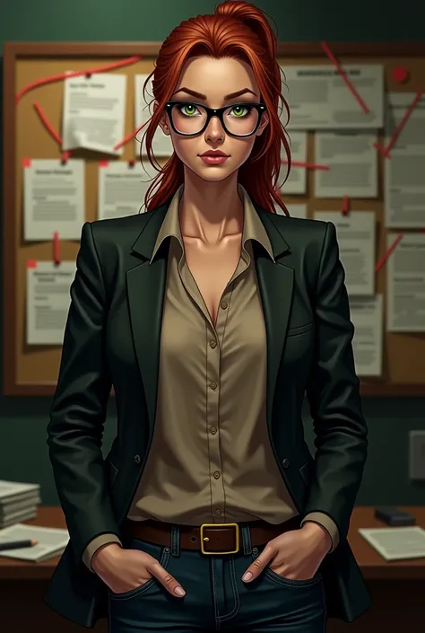 A 32-year-old investigative journalist with a sharp, determined expression. She has auburn hair, pulled back into a practical ponytail, and piercing green eyes that seem to analyze everything around her. Her face is framed by glasses she wears when reading...