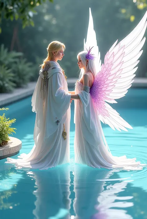 A Japanese royal man with green eyes blonde hair and white wings approaches a Japanese royal woman with white and purple tips and pink wings at the poolside