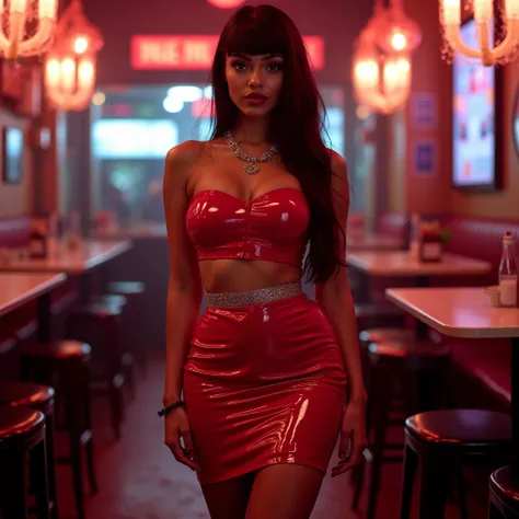 A curvaceous Black woman in a latex pencil skirt in cherry red and a matching bandeau top, the glossy fabric reflecting light like a second skin. She accessorizes with a silver waist chain and strappy stilettos, her hair in a deep side part with micro bang...