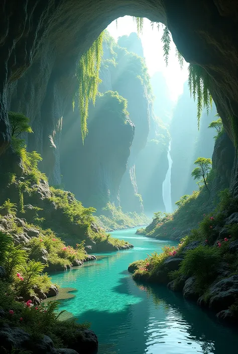 Fantasy bright cave with nature and rivers and rocks realistic 