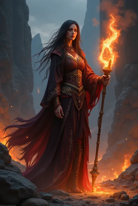 Create an image of Azar Kian, a powerful sorceress with fiery magic, standing in the shadowy realm of Andhakāra. She has striking Persian features, dark hair with red streaks, and glowing molten eyes. Her robes are embroidered with fire and shadow symbols,...