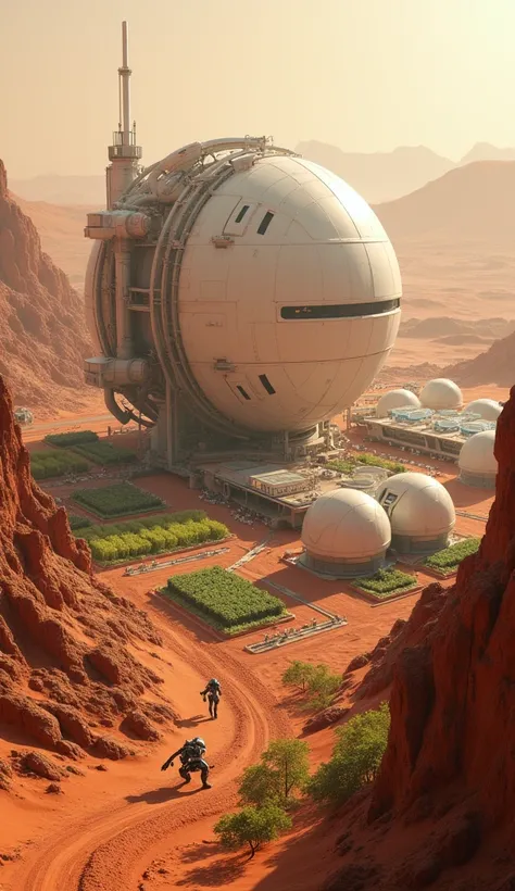 Robots building capsules on Mars and back, a capsule city with humans and crops  