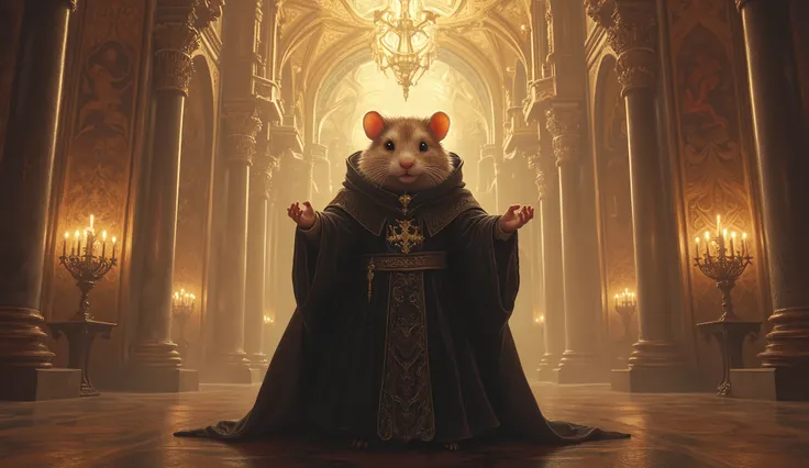 hamster priest,  masterpiece ,  best quality, Super Detail,an epic,4K, standing in a majestic church, Wears a black priestly obe, , In fantasy art style ,  cinematic light ,  ultra-detailed ,  8k resolution .