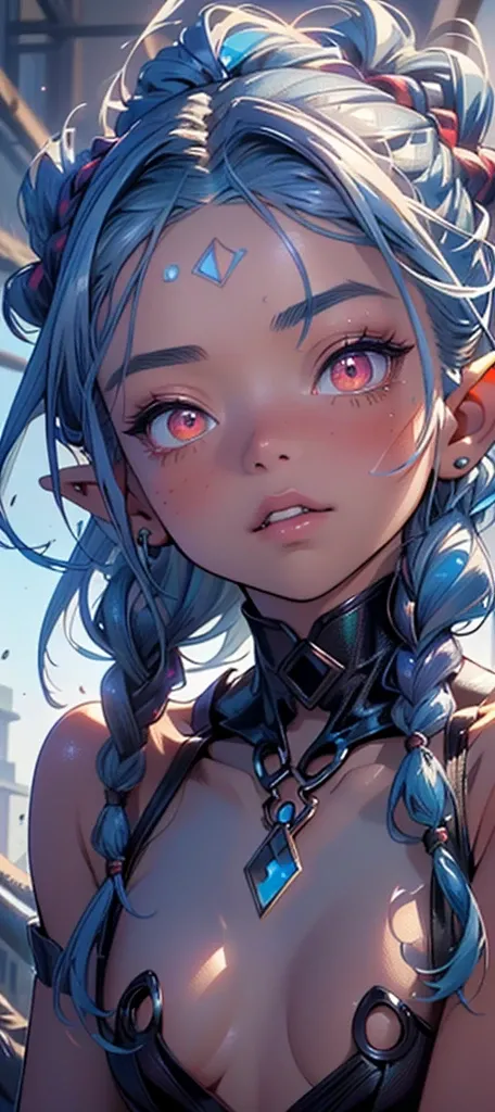 cute elf loli,girl, 1girl,(((little loli,tiny little body,small))),((anime elf loli with extremely cute and beautiful braided hair)),(((elf, elf earlat chest))),((((blue hair:1.35,twintails braids hair,colored inner hair,ear breathing)))),(((red_eyes:1.3))...