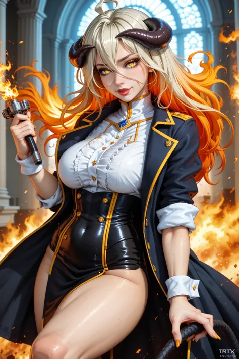 ((  rolled up )), (( masterpiece )), (  very detailed:1.3), Furry, Devil girl, 20 years, sexy, (( with fiery hair )),  and huge ox horns , Legs with hooves, antique outfit ,  Long coat with burn holes old and dusty,  in her hands a whip of fire,  In the de...