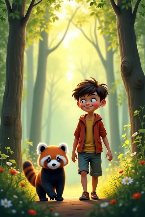 "The boy and the baby panda walking side by side through the forest. The trees are tall and lush, and the sunlight filters through the leaves. The panda looks curious, and the boy looks happy as they explore the woods together."