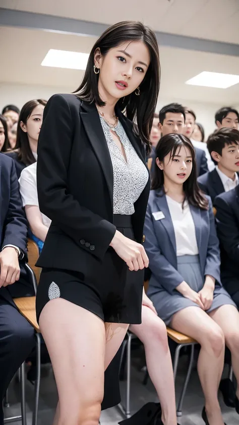 Female teacher urinates、  female teacher pees at graduation ceremony  、 Urinary incontinence、  pee  、 Lots of urine 、Female teacher's hall 々 looking at viewers with an arrogant expression  、from below、  staring at the audience 、  black suit 、  black minisk...