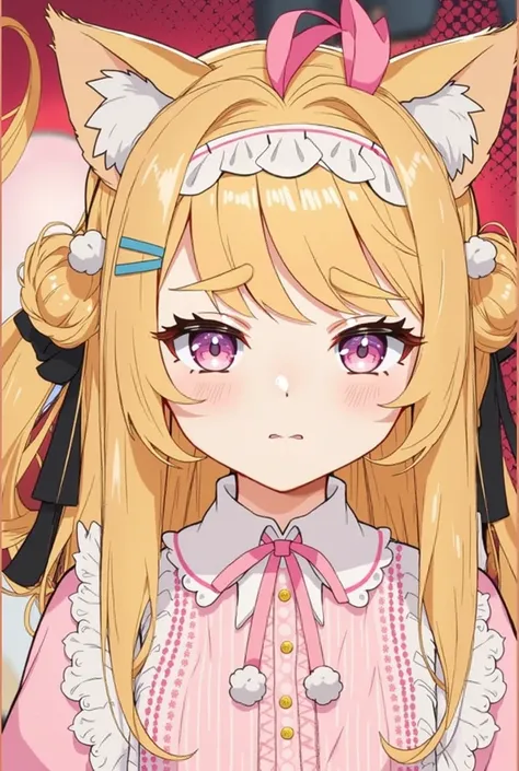 Anime loli has yellow hair with an orange tint. Her hair is loose at the back, slightly long, with two small strands that look like twin tails. The right strand has a thin blue ribbon. She has a small ahoge with three tiny strands covering her left eyebrow...