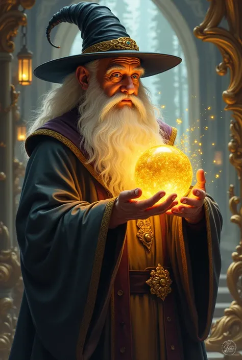 Dumbledore holding a gold dumbling wearing a hat