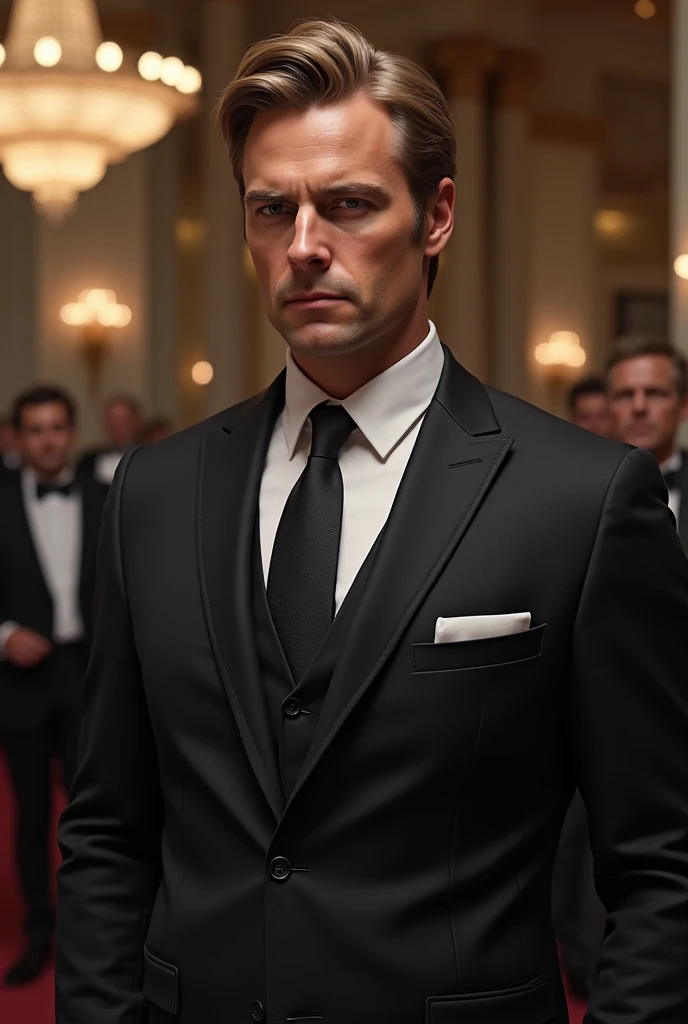 Realistic portrait of a 33-year-old man with dark blond hair and brown eyes,a serious suit and face .Is he standing at an event . cinematographic composition ,  trend at art station 
