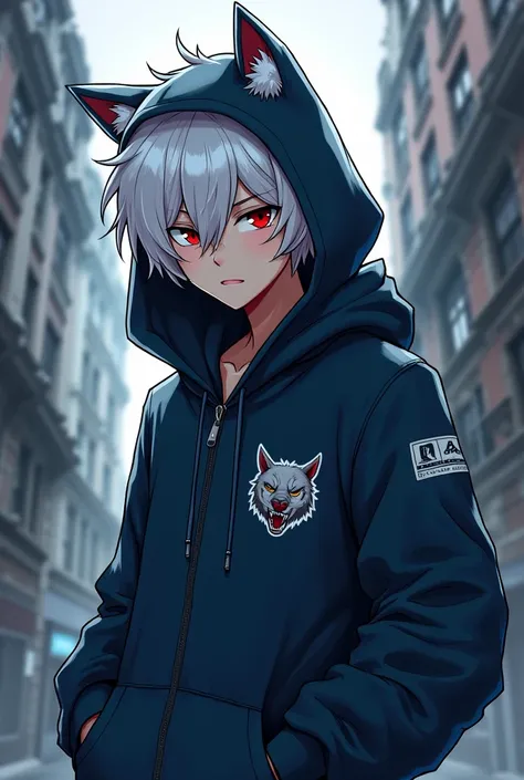 Anime cartoon male character white hair red eyes wolf ears hoodie
Robbery arm