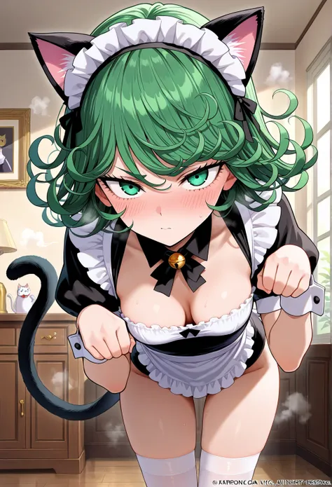 high resolution picture, masterpiece, best quality, amazing quality, official art, 1girl,  Tatsumaki from one punch man, 1girl,green eyes, curly hair, green hair, bangs, blush, flipped hair, short hair, small breasts, thighs
 petite,                       ...