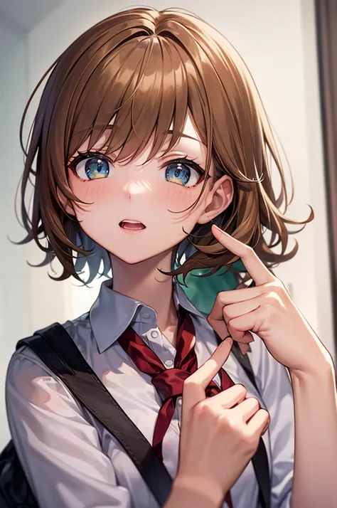 8K, 4K, highest resolution, ((highest resolution)), cute, only daughter, short hair, blonde, small breasts, school uniform, uniform, dress shirt, quiet pose, index finger raised in front of mouth