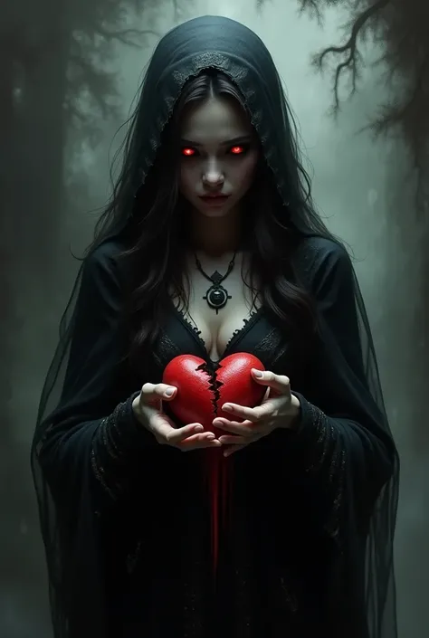 Demon woman in black with a broken heart in her hand 