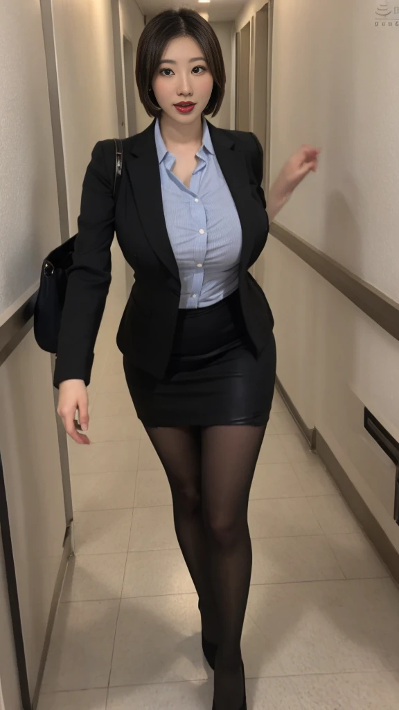 A female teacher with super huge breasts and beautiful legs is walking down the school hallway, suit jacket, blouse, miniskirt, pantyhose, leather shoes, red lipstick, short hair