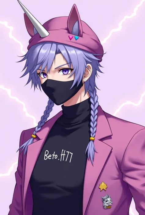  Free Fire style male character , with pink unicorn cap  , lilac and white ,  with lilac hair with two braids  ,  with a black mask  ,  and a black turtleneck blouse written "Beto.FF77" , with lilac background with lightning