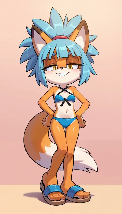 score_9, score_8_up, score_7_up, 1girl, solo, masterpiece, best quality, amazing quality, very aesthetic, absurdres, source furry, mobian fox, half closed eyes, yellow eyes, two tone body fur, orange body fur, white body fur, blue hair, messy spiky bangs, ...