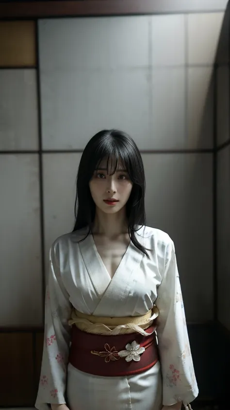 solo,  high resolution,  Masterpiece, accurate,  top quality,  super high heels,  textured skin showing armpits, woman、4K、((The background is standing in a dark Japanese-style room at midnight)),  big breasts、ghost、(((Long black hair to hide eyes))), Pale ...