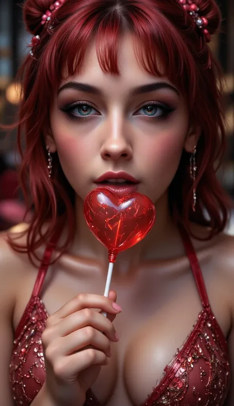 photorealistic image of a (lying pose:1) women, ultrarealistic, Photography, women, hourglass figure, perfect body, flirtatious look, big breasts, blurred background, her wet tongue licking a big red heart-shaped sugar glossy lollipop, A little saliva drip...