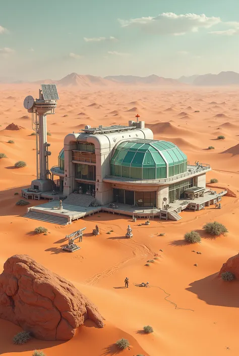 A desert science fiction base with a greenhouse made out of concrete and glass