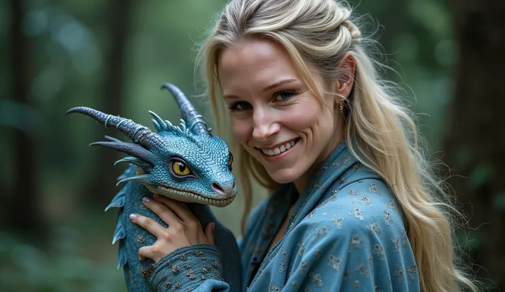  Masterpiece photography  smiling blonde gorgeous witch 40 yo, with a blue merle dragon as a pet