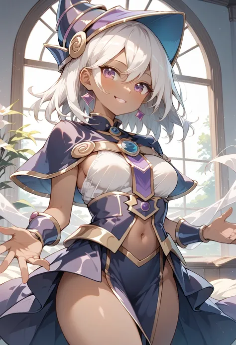 ((masterpiece, best quality, ultra detailed, high resolution, detailed facial description, perfect hands, perfect eyes)), (1 girl, solo), (brown skin:1.3), (medium breasts), (white hair, medium hair), (purple eyes), (Apprentice Illusion Magician costume), ...