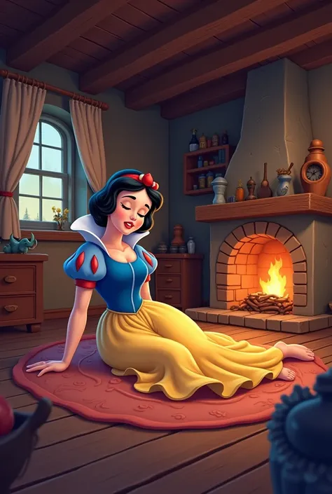 Snow White atmosphere in the house of the 7 dwarfs, Fainted on the floor ,  cartoon style