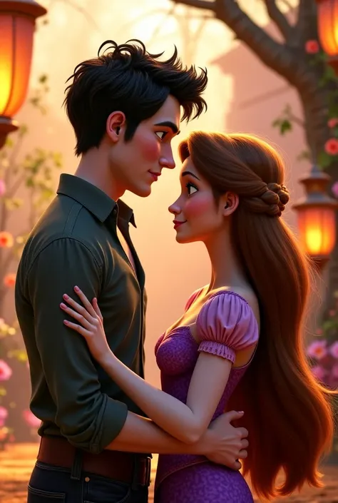  Couple in the animated movie Tangled:  the man with extremely white skin , very short and frizzy hair in the color black. Now the white woman, with long brown hair.