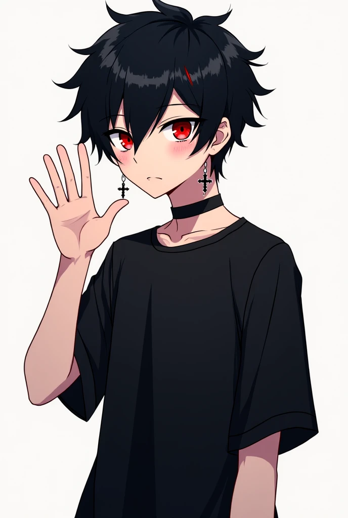 Male anime  , black hair,Cross earrings, red lenses on the hair  ,  black t-shirt and waving