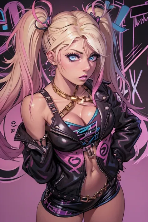 Alexa Bliss wearing a hip hop version of her iconic costume. leather jacket, blonde hair, twintails with colorful highlights, large breasts, cleavage, exposed naval, nose piercing, naval piercing, gold chain necklaces and bracelets, confident badass attitu...