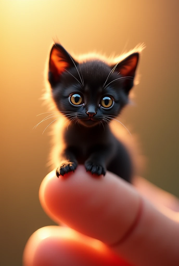 miniature black kitten, barely larger than a human's fingertip, balanced carefully on the tip of a finger, surrounded by soft lighting