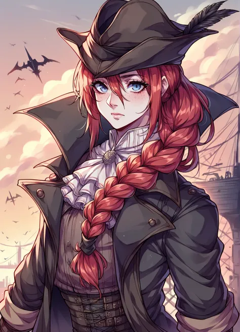 Girl, bloodborne,Strong,Evil, boss, dark Shadow, Darkness, muscular,(solo) Captain's hat, corsair,Solo, handsome, Glossy feel,pose,Braid, red hair with pink hues,Combat, bloodborne,
1. male,masterpiece, strong, with character, dressed in a corsair coat,1gi...