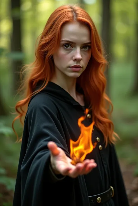 Halfportrait of   redblonde  female Witch apprentice, spring, flames in brown eyes, black cloak, confident face, shy smile, Arms Open, Forest, realistic Photo, Focus on her Head, masterpiece