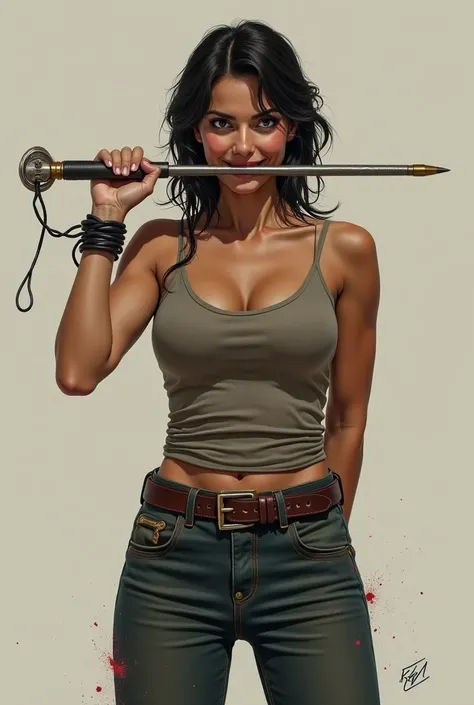 Generate a woman smiling proudly displaying a metal wand glued between her teeth and her hands tied behind her back 