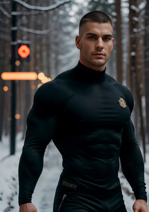 Character design (muscle security special forces, Buzz Cut, tough guy) wearing a long-sleeved dark black high-neck stretch tight T-shirt, thickened and warm security uniform, standing in the snowy forest, looking intoxicated and enjoyed, eyes slightly narr...