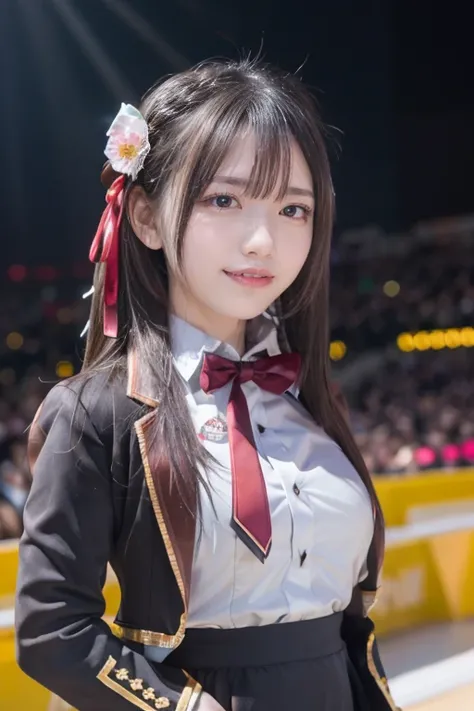   idol ,  long hair ,  straight hair , Round face ,  bust up , ,  medium breasts,Three Beauties,   3 girls from the 2nd floor seat,   checker skirt showing his face wearing blazers and white shirts ,    bow tie, Winter blazer uniform, smile,  watch viewers...