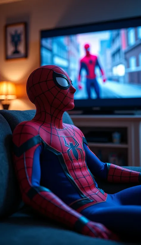 Spiderman in his iconic suit and mask sitting on couch and watching movie