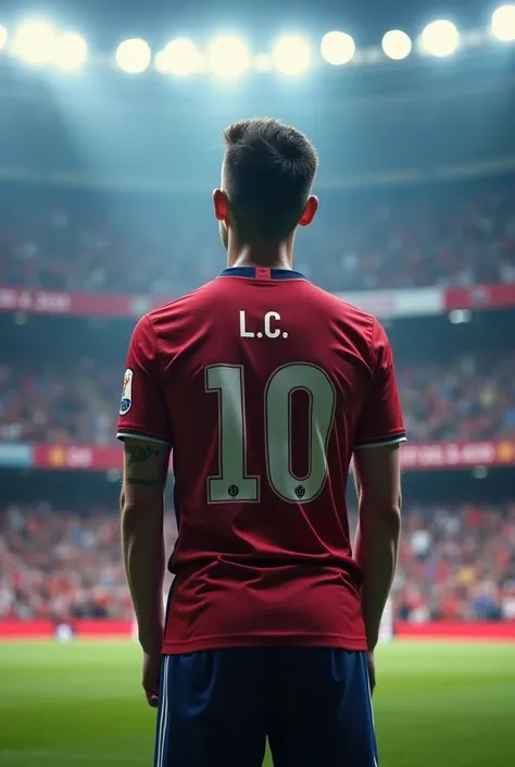  is written on the back of the shirt. A 35-year-old soccer player looks up in a soccer stadium,  and the letter L .C 10