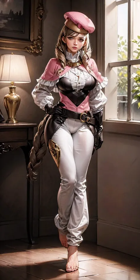 A masterpiece portrays a shy, solo female with large, covered breasts. She wears a pink tunic, white pants, and brown gloves, topped with a beret and a pink capelet. This elegantly dressed figure stands in a finely decorated room with a pink theme, looking...