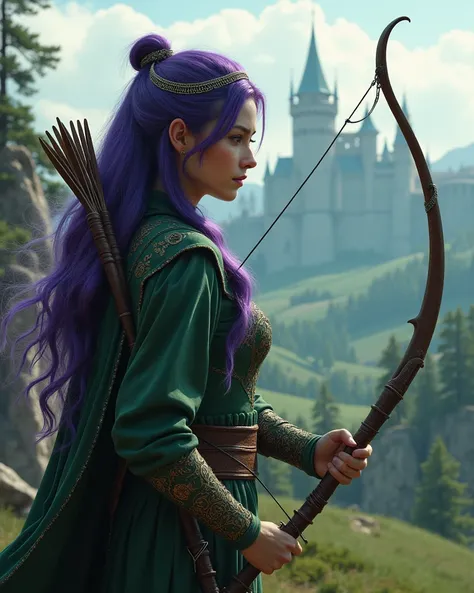 A white female with purple and green hair, holding s bow, looking to the side, medieval fantasy, fantasy movie, realistic