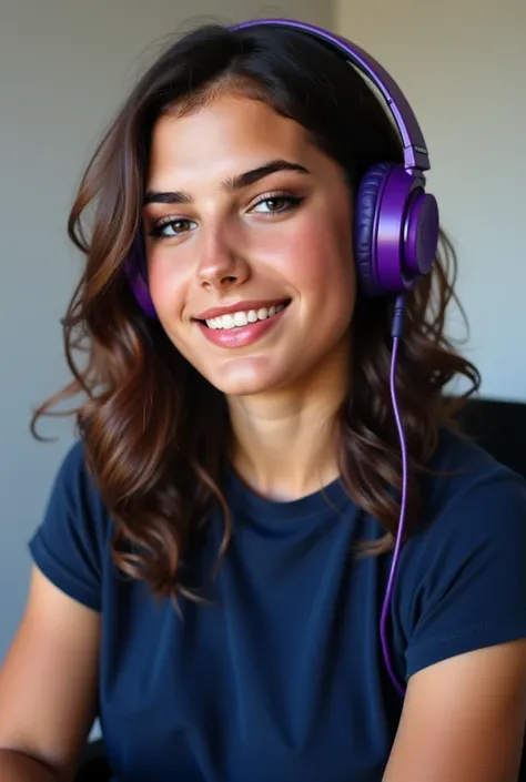 - Dark brown hair, wavy,  medium length .  
 - Clear skin with a rosy tone and healthy appearance.  
  - Light brown eyes with an expressive shape  .  
  - Full and slightly pink lips  .  
  - She's wearing purple headphones  .  
- She wears a navy  .  
  ...