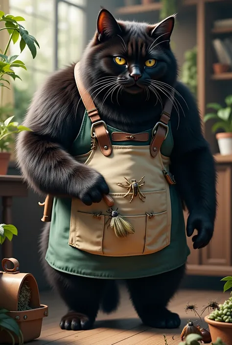 a huge black cat wearing a light and shade of green apron,collecting insects with ren,holding a bug net,bug case slung across body,highly detailed,photorealistic,masterpiece,8k,ultra-detailed,physically-based rendering,studio lighting,vivid colors,sharp fo...