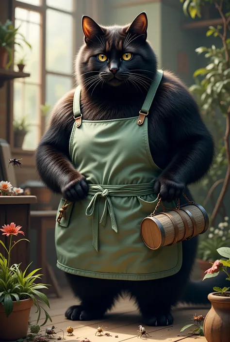 a huge black cat wearing a light and shade of green apron,collecting insects with ren,holding a bug net,bug case slung across body,highly detailed,photorealistic,masterpiece,8k,ultra-detailed,physically-based rendering,studio lighting,vivid colors,sharp fo...