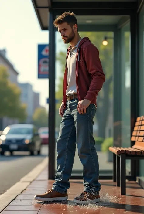  A man pees on his pants at the bus stop,  his pants are soaked in urine , very realistic photo and natural light 