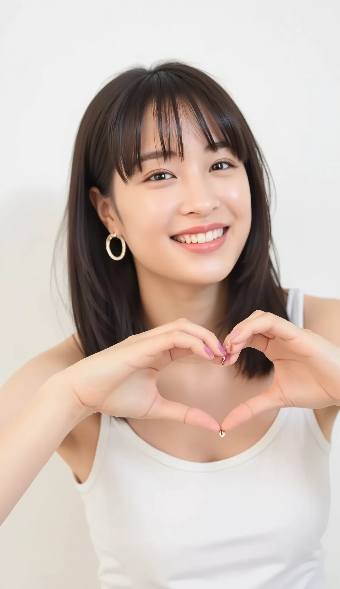  Super Fine、An upshot of her face、She has a smile showing her teeth, wears a camisole, and poses with her hands in the shape of a heart in front of her chest、The background is plain、  HD、細部にわたって HD