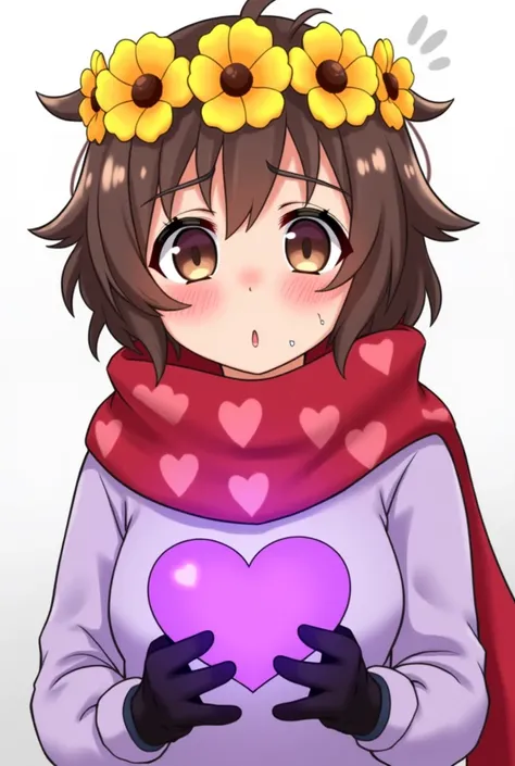 Non-binary character with brown, messy hair wearing a yellow buttercup flower crown and a large red scarf with heart designs. The character has a shy or nervous expression, indicated by the sweat drops near their face. They are dressed in a light purple sh...