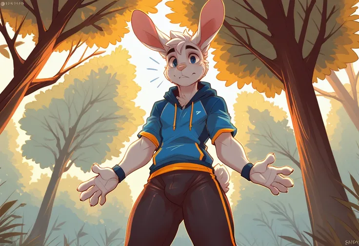 (by skygracer and dimwitdog) (dimwitdog) male, (solo), (cute white rabbit boy), 23 years old, long ears, really cute, looking at viewer, forest, strong tights, partially undressed pants, very embarassed, view from below:1.7, score_9, score_8_up, score_7_up...